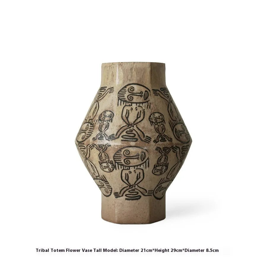 Hand-painted ceramic cylindrical vase with vintage carved art and tribal totem flower design