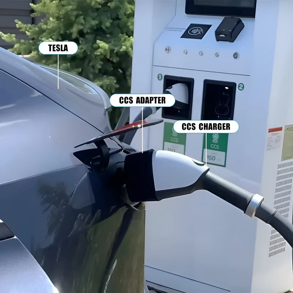 Black Tesla charging plug conversion adapter with American Standard connector, showing dimensions.