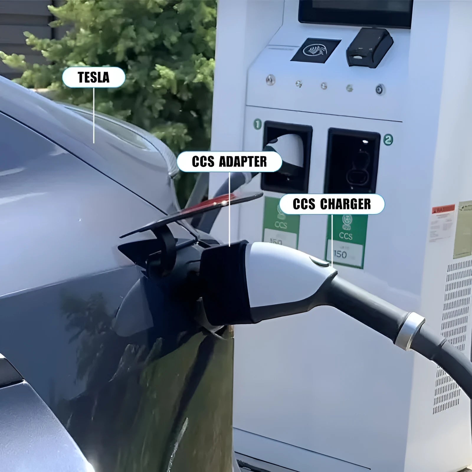 Black Tesla charging plug conversion adapter with American Standard connector, showing dimensions.