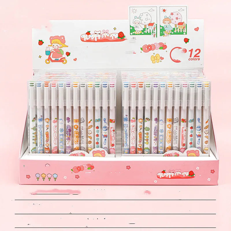 Twelve-colour 0.5mm gel pen set with plastic barrels in Cartoon hand account style
