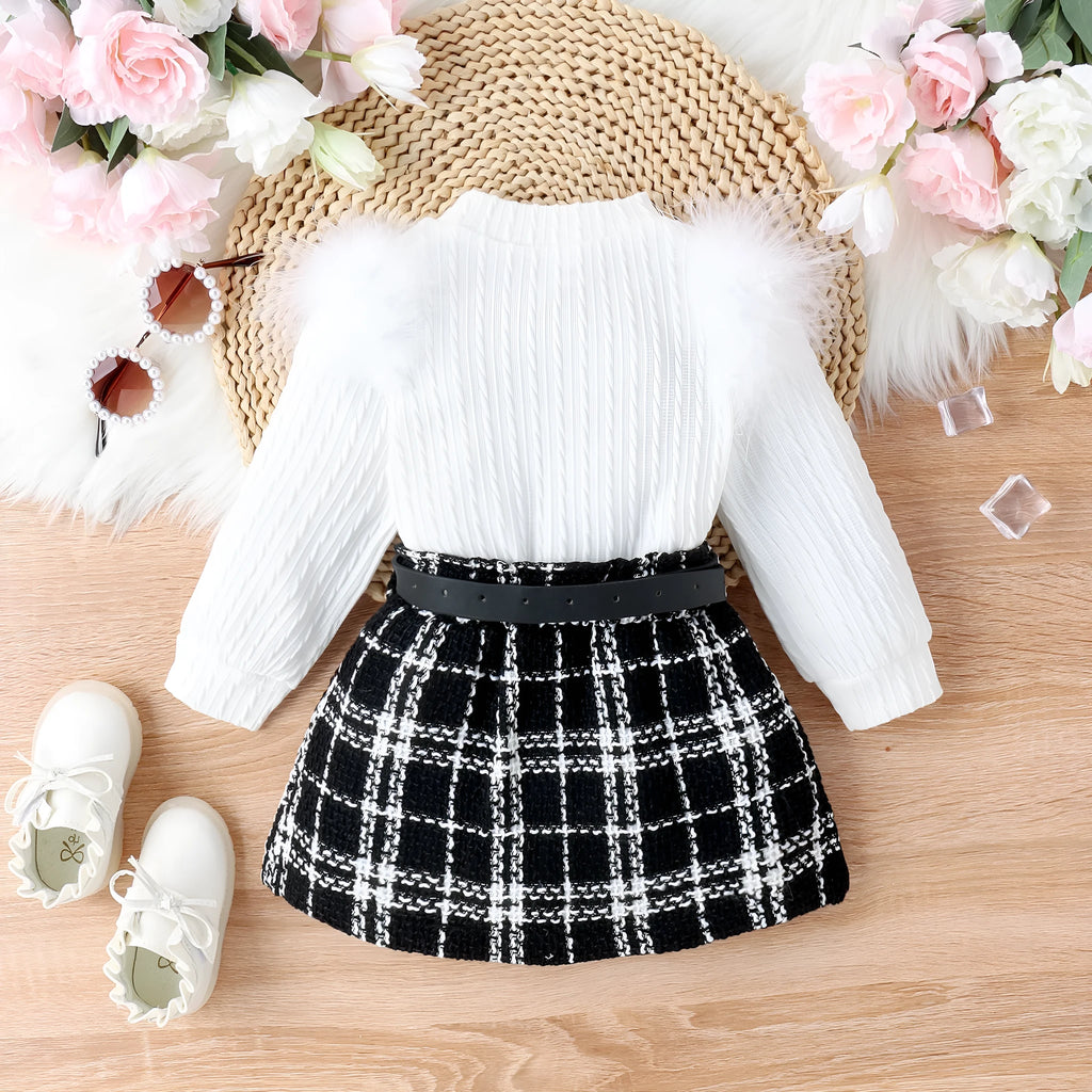 Girls' white three-piece suit set with furry top, woolen skirt, and belt for autumn and winter