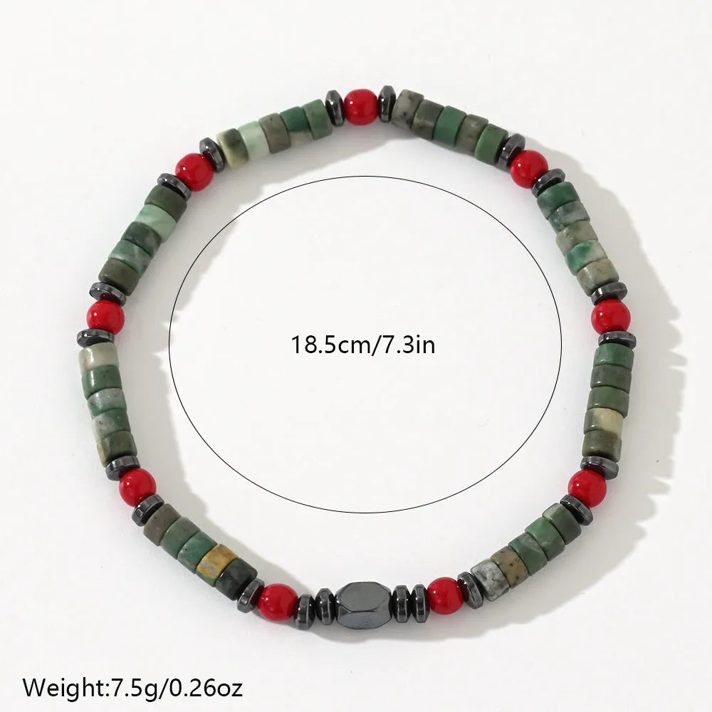 Bohemian men's bracelet with cylindrical natural stone beads on a woven string.