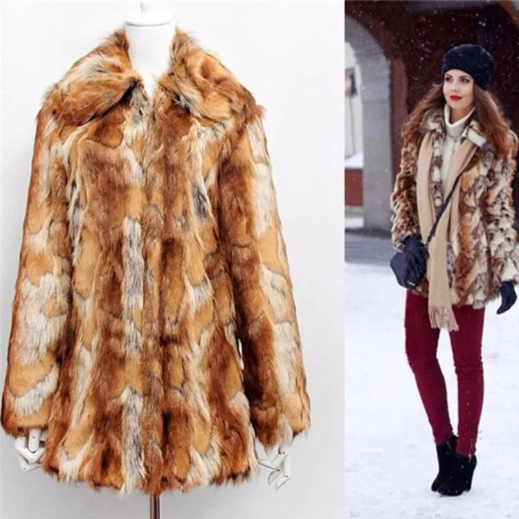 Women's slim-fit faux fur leather jacket featuring a tiger pattern, shown in medium length.