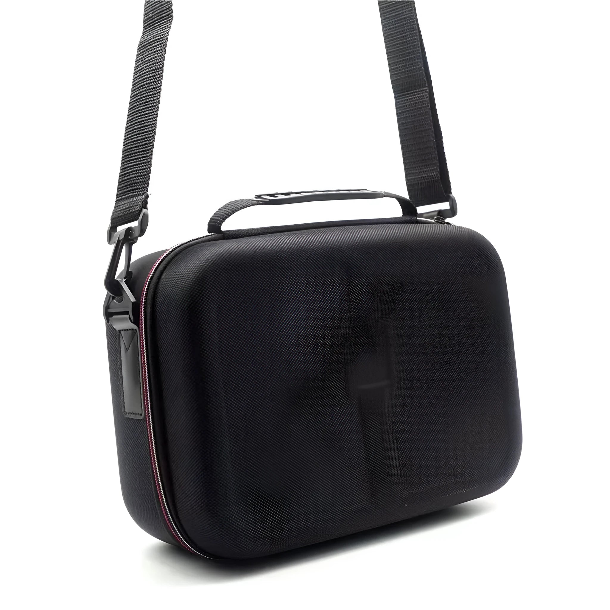 Black EVA hard shell game console storage bag with accessory compartments