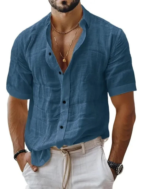 Men's short sleeve lapel shirt in a solid colour, showing cardigan style and polyester fabric.