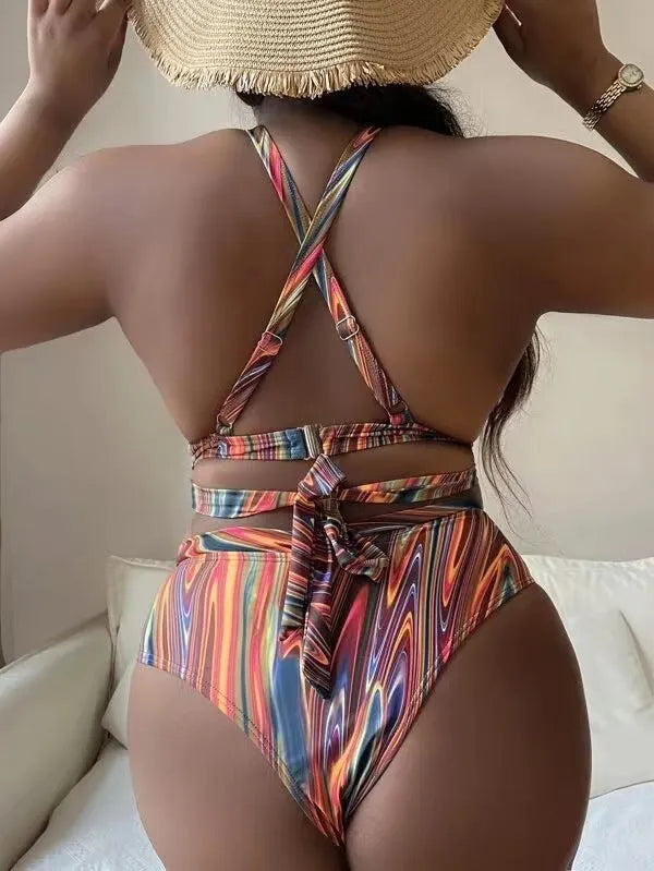 Women's plus size high waist floral bikini swimsuit with split leg design
