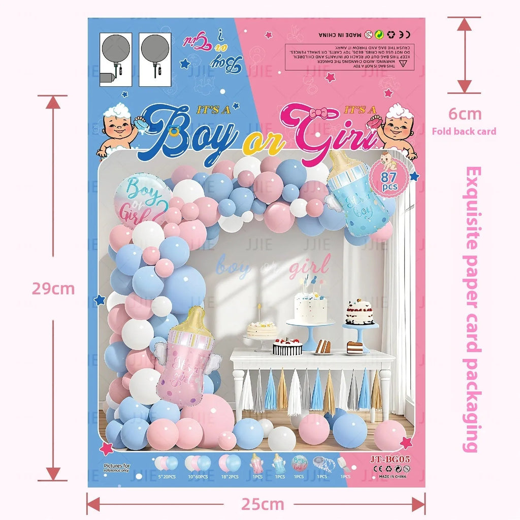 Gender reveal balloon decoration kit with aluminum foil round balloons, pink bottle, blue bottle, and ribbon