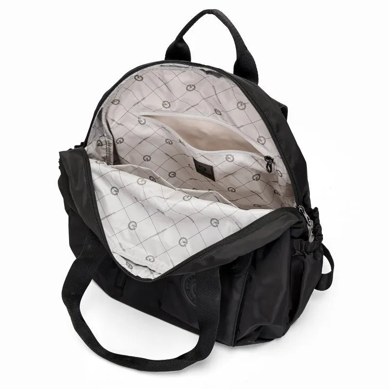 Large black nylon outdoor backpack with a front sandwich pocket, shown next to a khaki version.