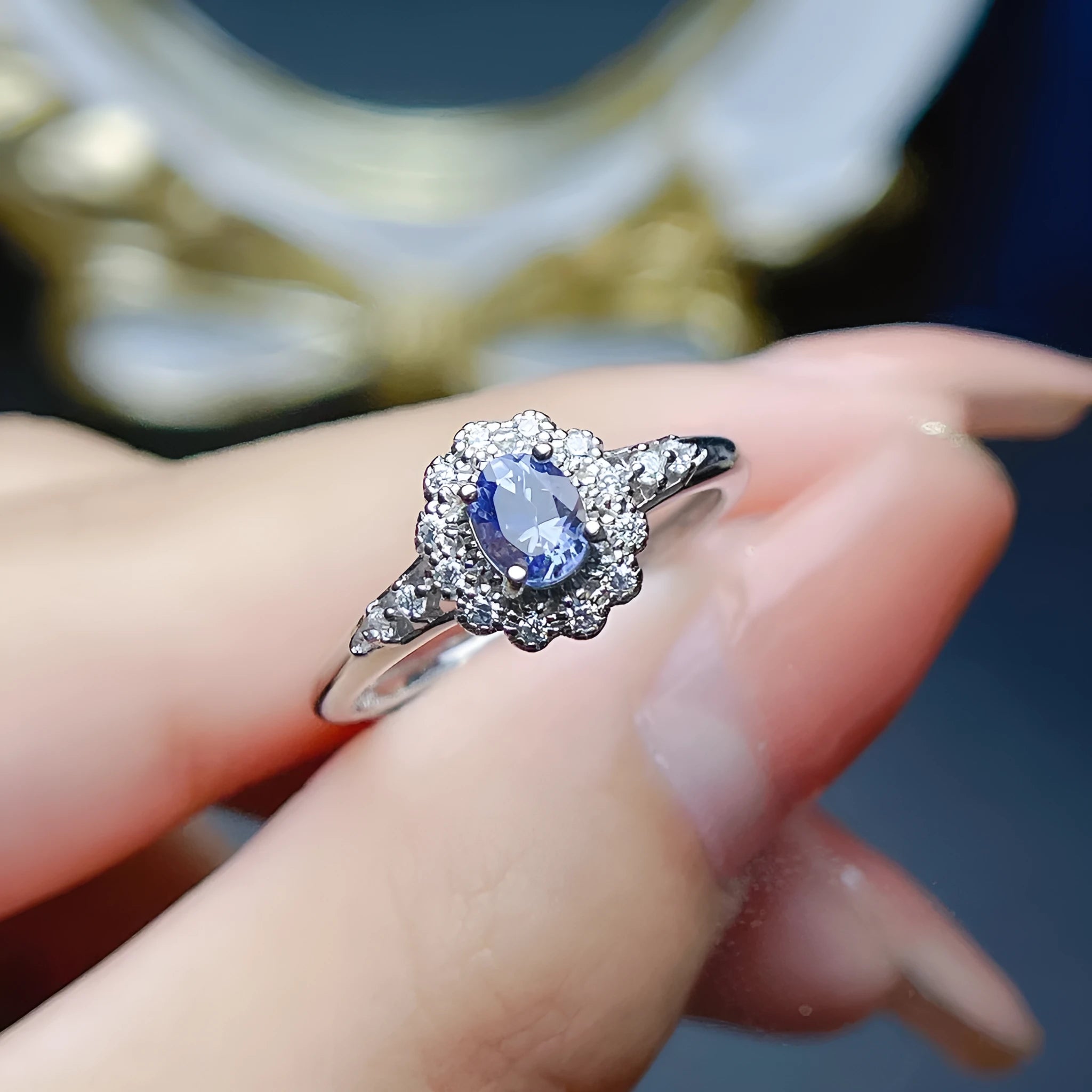 Natural tanzanite ring S925 silver adjustable open shank polished finish