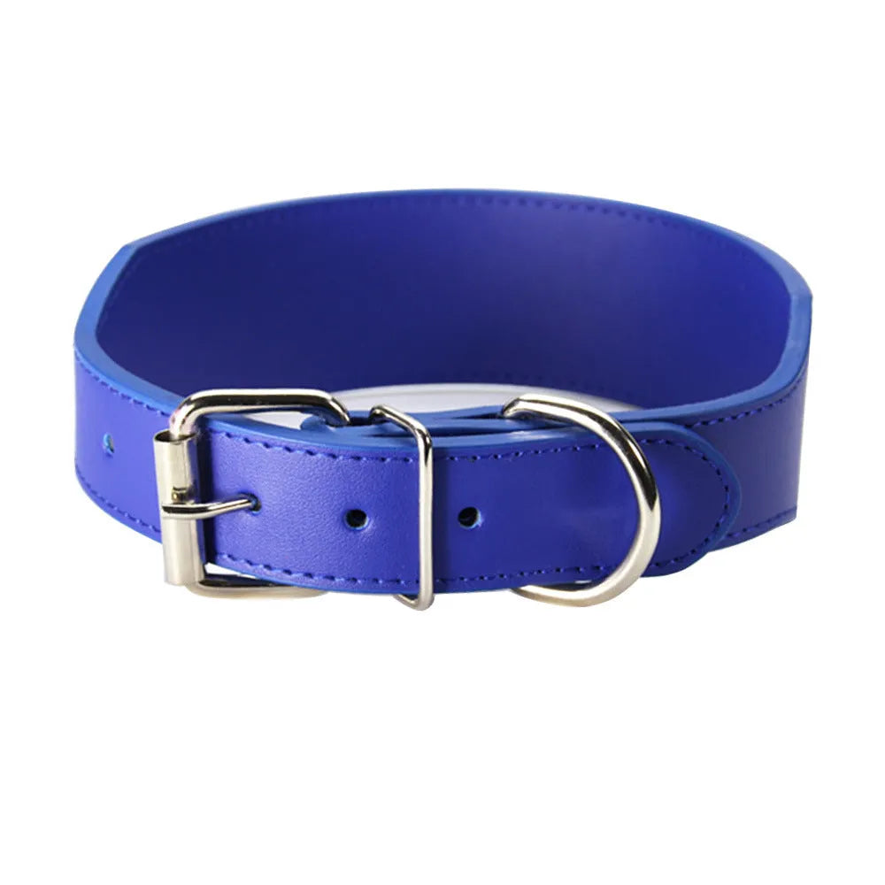 Fish-shaped leather dog collar for large dogs in assorted colours on a white background.