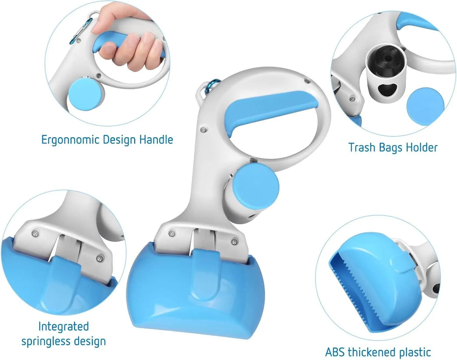 Black ABS plastic pet pooper scooper with integrated trash bag holder and carrying hook.