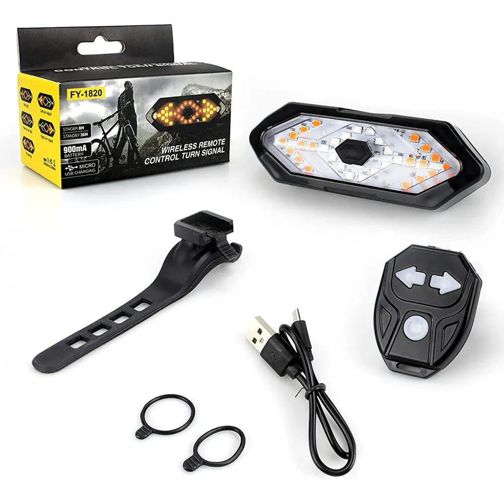 Black USB rechargeable bicycle turn signal with horn, 9.4 x 3.2cm, 900mAh, wireless remote and silicone straps