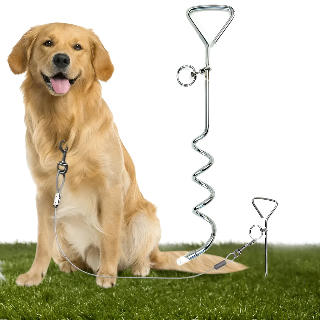 Steel spiral dog tie out stake measuring 8mm diameter by 40cm length with rust-resistant finish