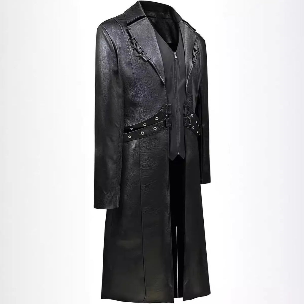 Mid-length retro PU leather trench coat in black, European style with medieval inspiration, sizes S-XXXL