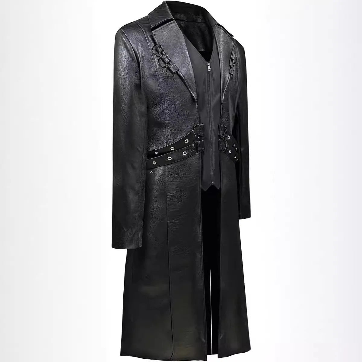 Mid-length retro PU leather trench coat in black, European style with medieval inspiration, sizes S-XXXL