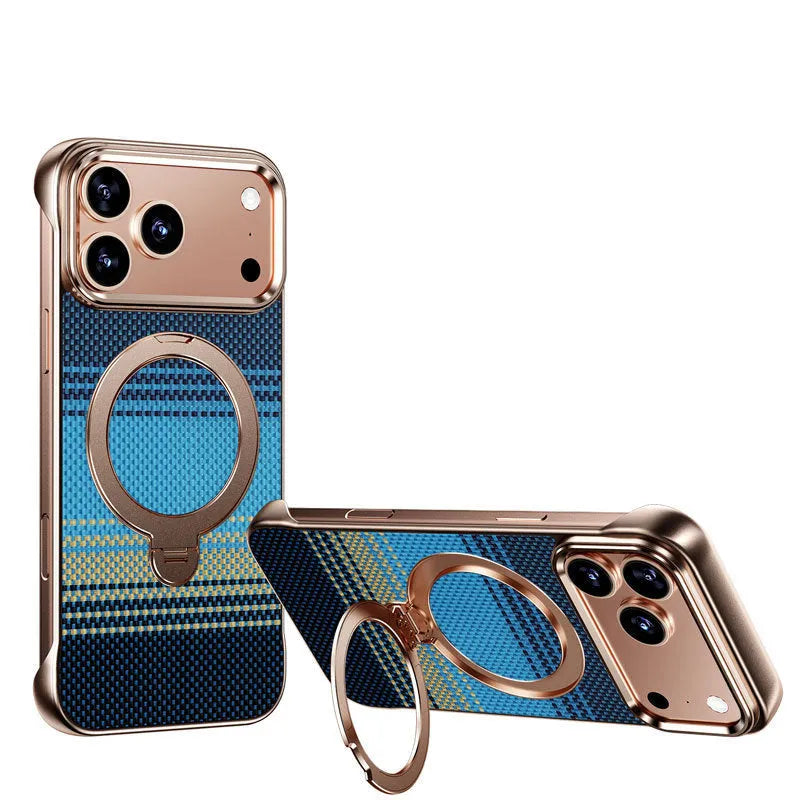 Aramid fibre frameless phone case with aluminium alloy frame, built-in bracket, and magnetic suction for iPhone 15 Pro Max