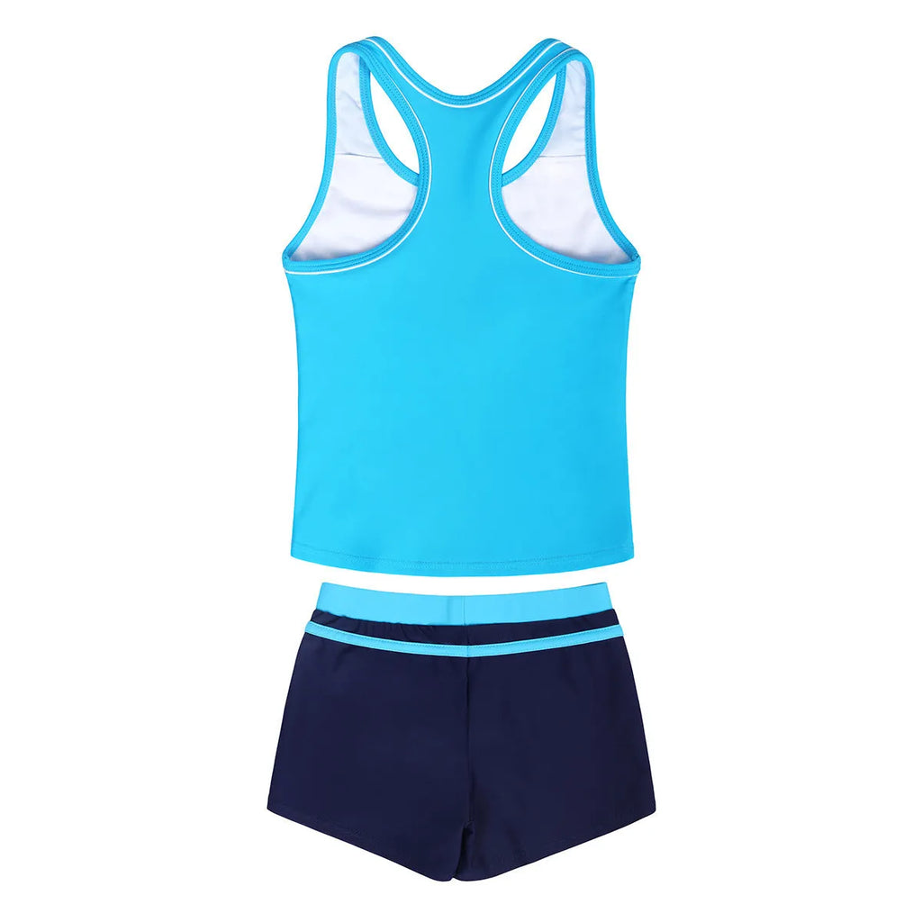 Girls' two-piece blue swimsuit with chest pad top and split boxer shorts laid flat.