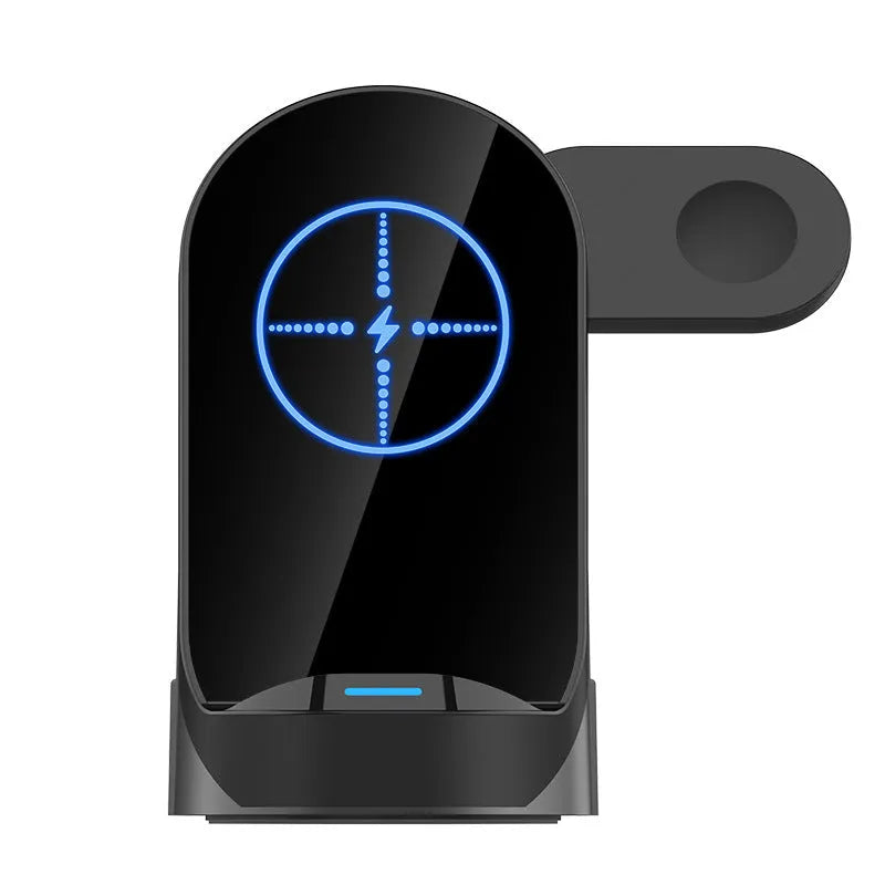 Space grey foldable 3-in-1 wireless charger stand with phone, smartwatch, and earbuds case charging simultaneously.