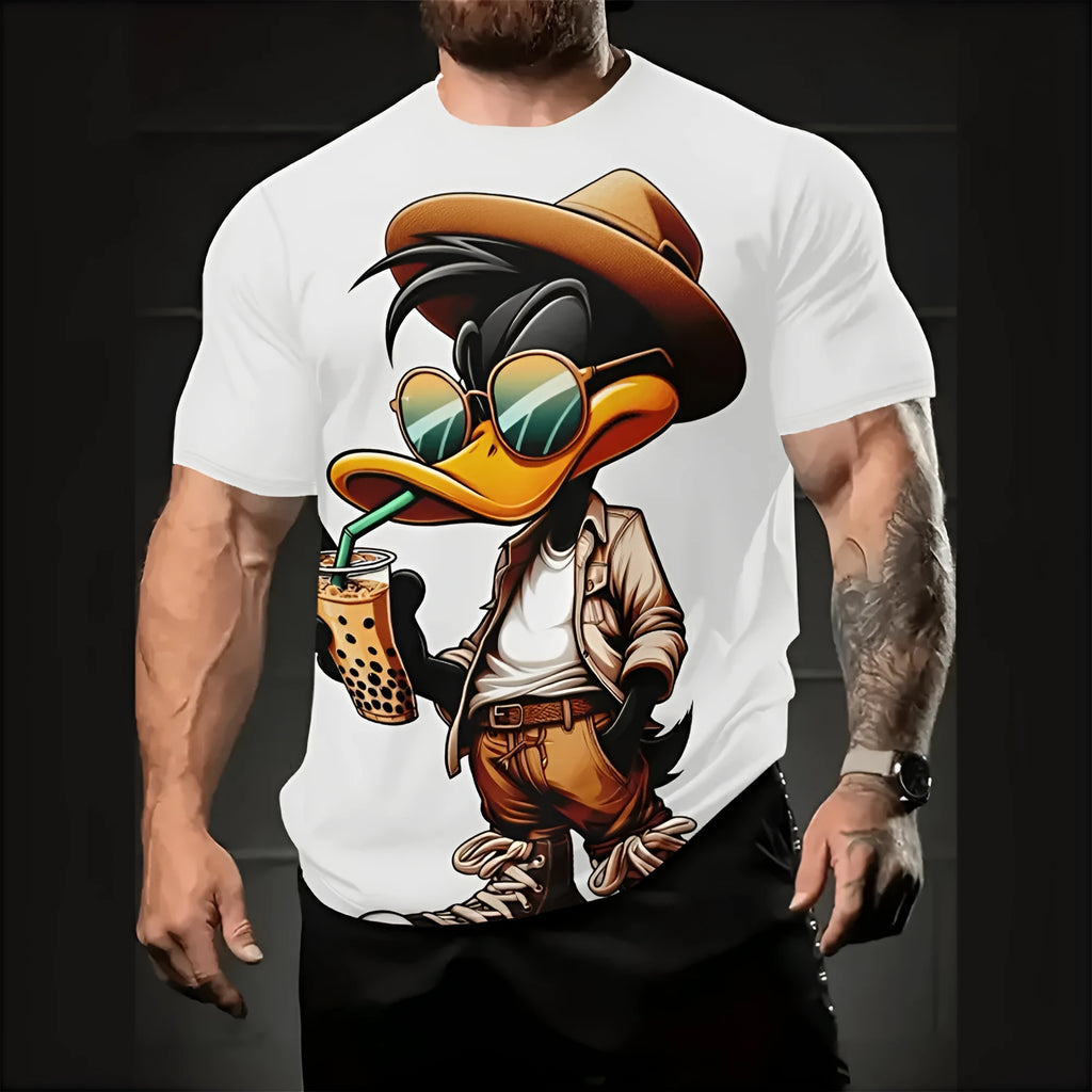 Men's loose fit T-shirt with 3D cartoon graphic print in linen-milk silk blend fabric for summer wear