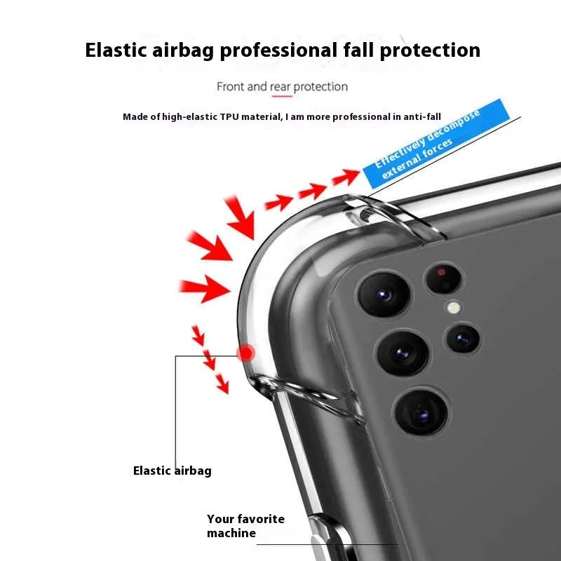 Transparent silicone phone case with four-corner airbag drop protection for Samsung Galaxy models.