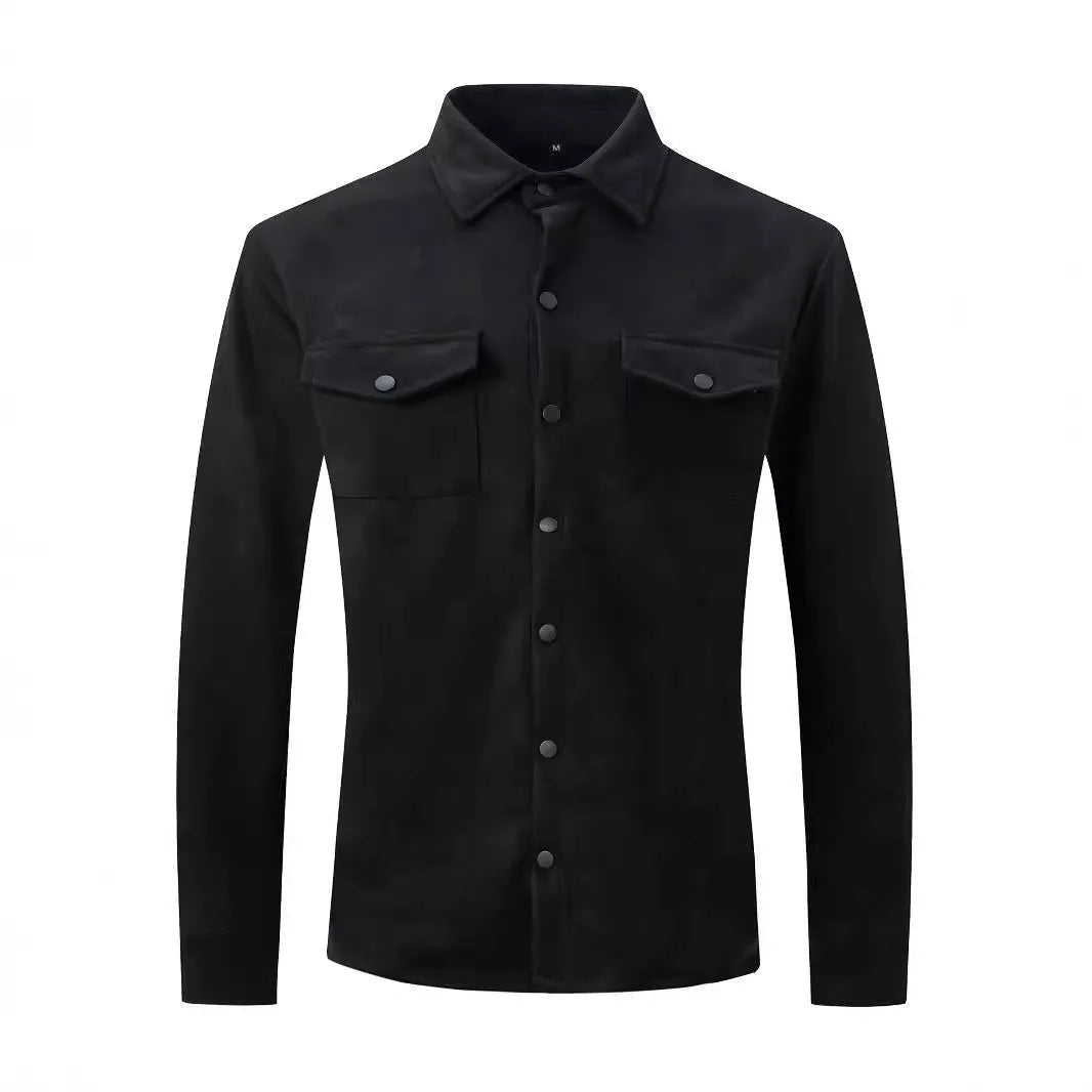 Men's turn-down collar casual jacket in solid colour with thickened suede fleece fabric, 3D patch pockets, and loose fit, available in grey, burgundy, black, and other colours.
