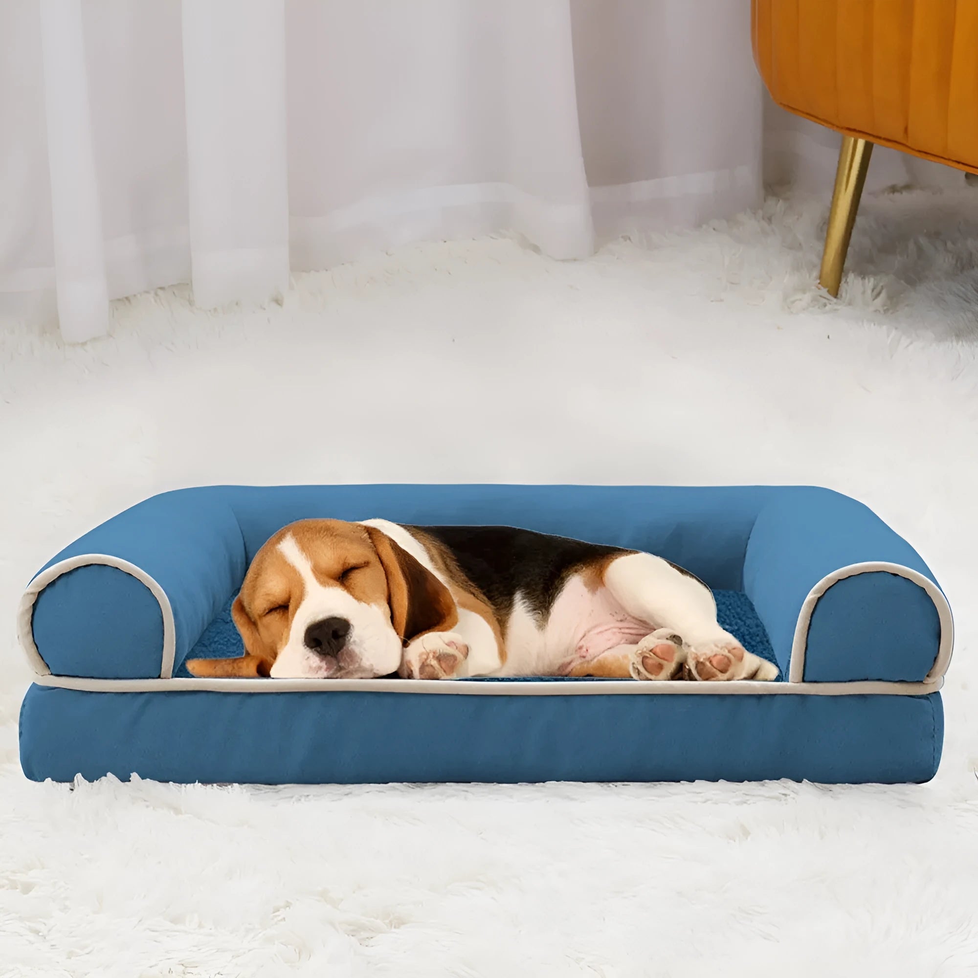 Square dark grey cloth dog bed with sponge core on a wooden floor, showing low-profile design and breathable fabric texture.