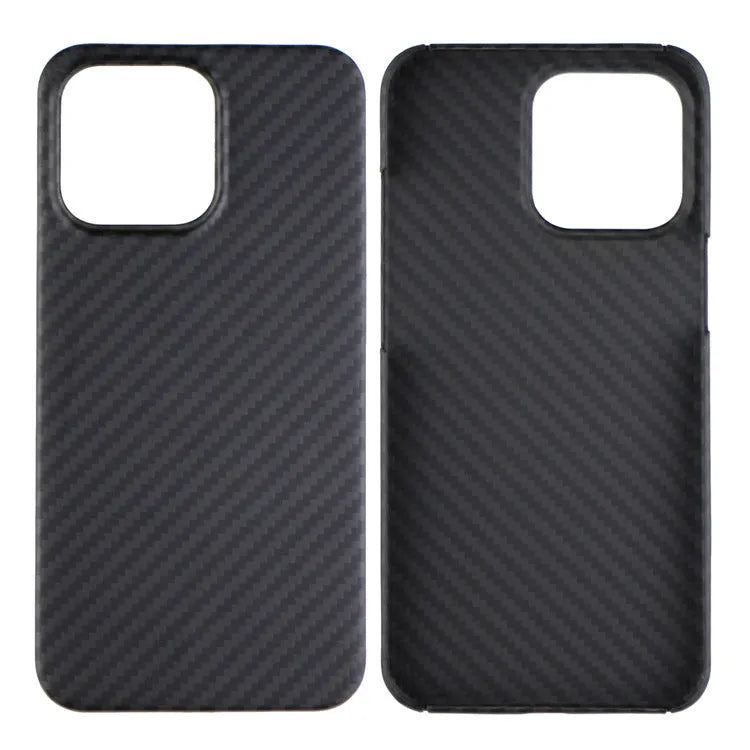 Kevlar fibre iPhone case with MagSafe magnetic charging compatibility in dull black Volcanic Crater pattern