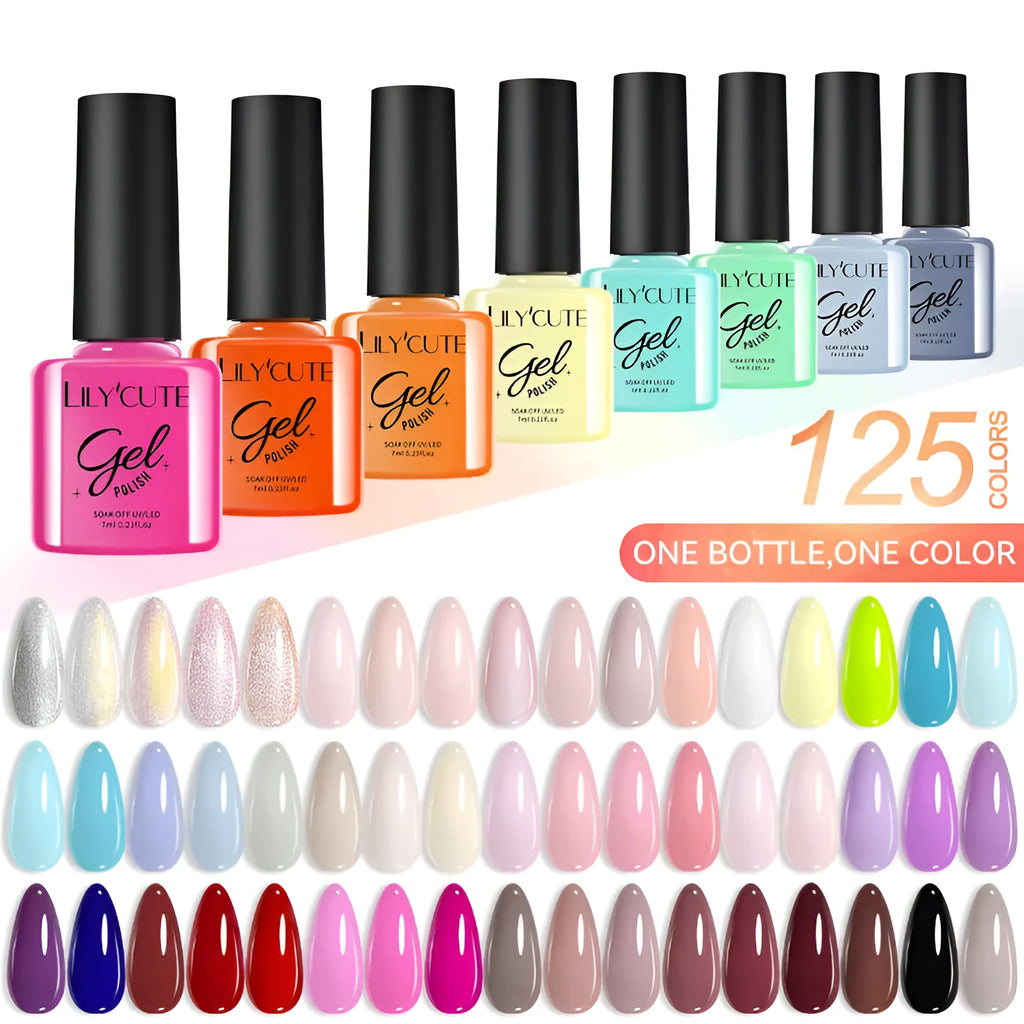 Set of twenty bottles of glitter and solid colour UV gel nail polish in a case.