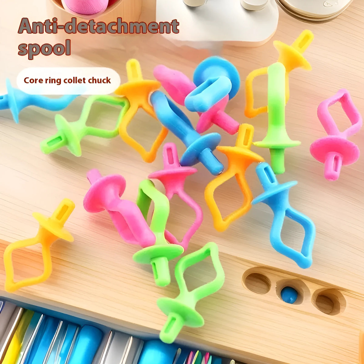 20 silicone bobbin core clips in random colours for sewing machine bobbin storage and anti-shedding thread management.