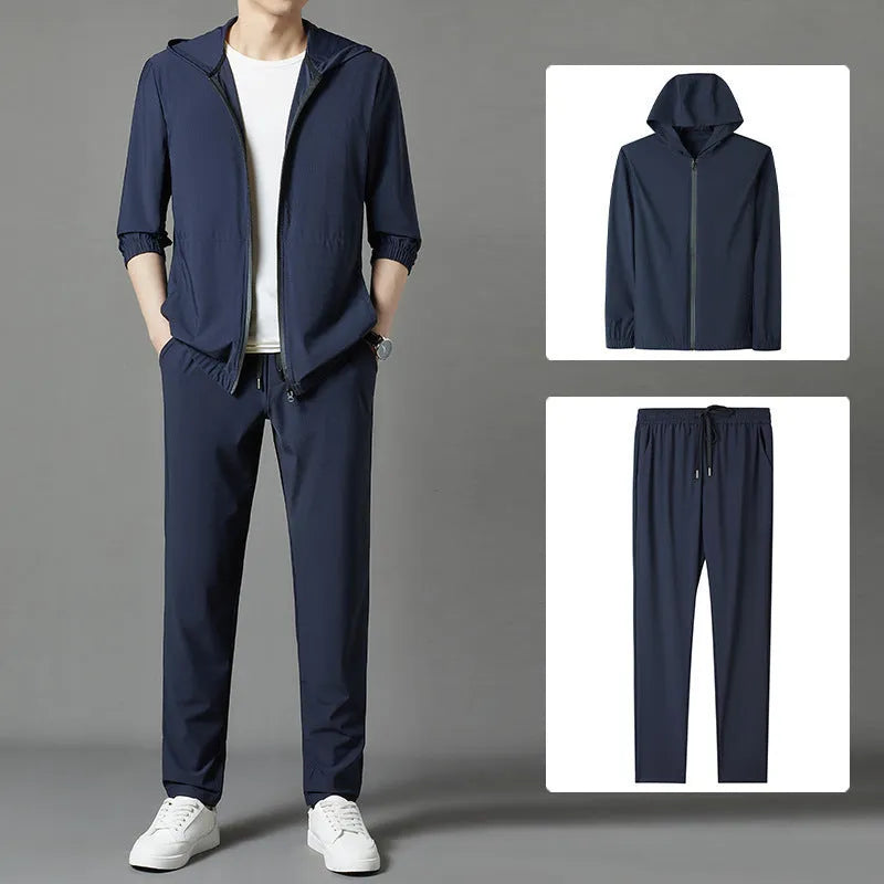 Korean loose hooded sun-protective clothing suit in grey, blue, or black.