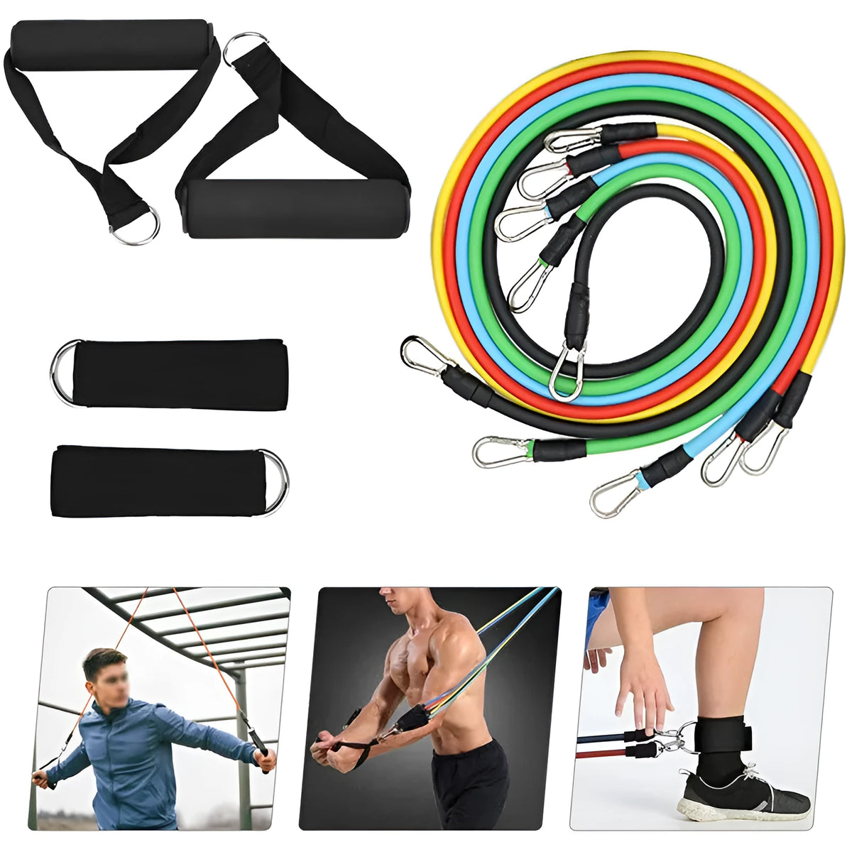 TPE home training elastic band rope set with 11-piece carabiner pull rope and 15LB to 35LB resistance levels