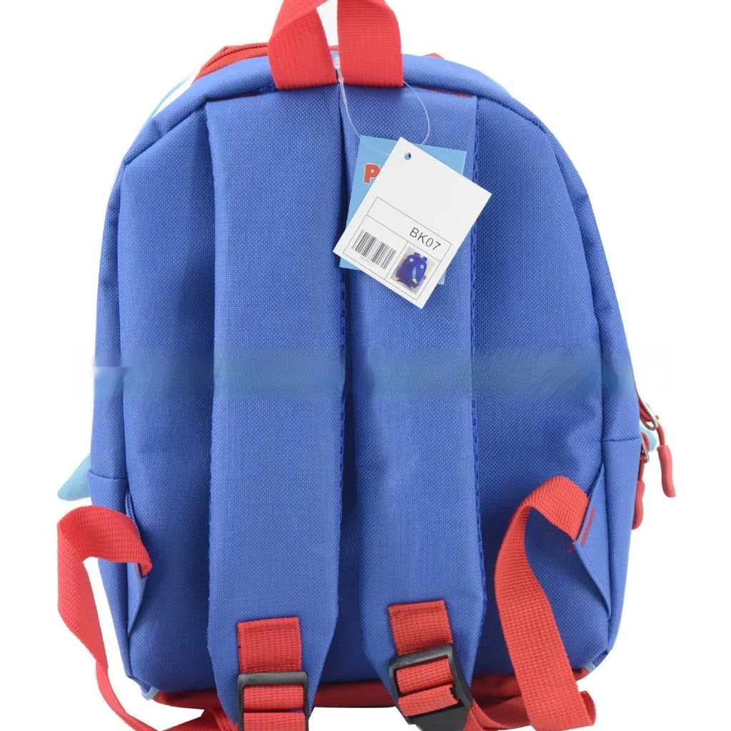 Blue children's schoolbag with animal pattern made from Oxford cloth, side view showing compact 29cm height