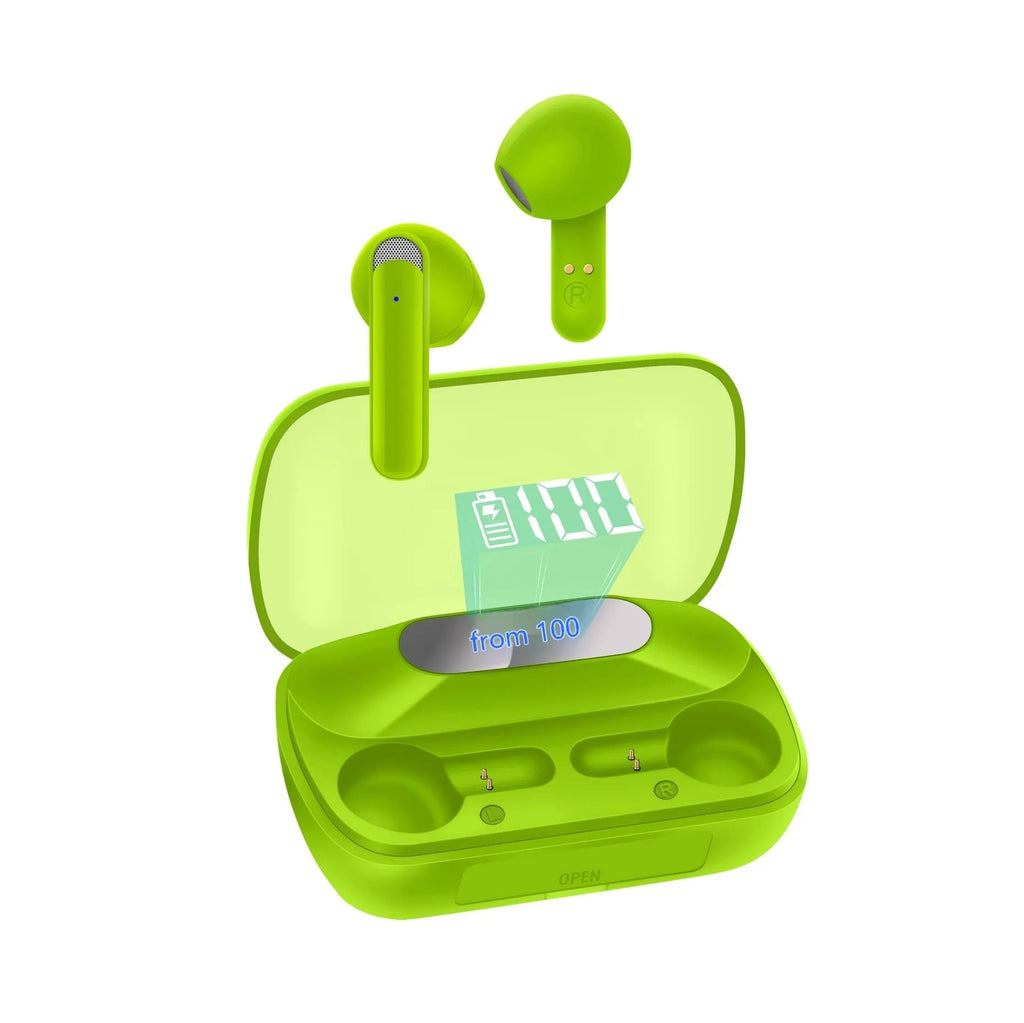 True wireless Bluetooth headset with digital display and power bank, black red pink and fluorescent green