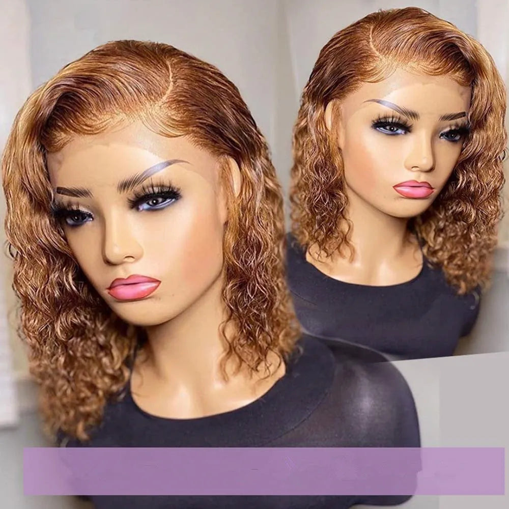 Short curly honey blonde bob lace front wig for women in light brown with long bangs