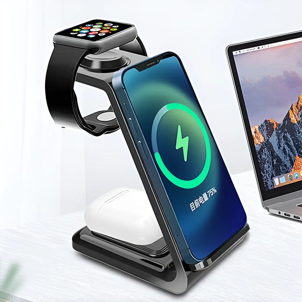 White 3-in-1 upright wireless charging stand holding a mobile phone in landscape orientation on a desk.