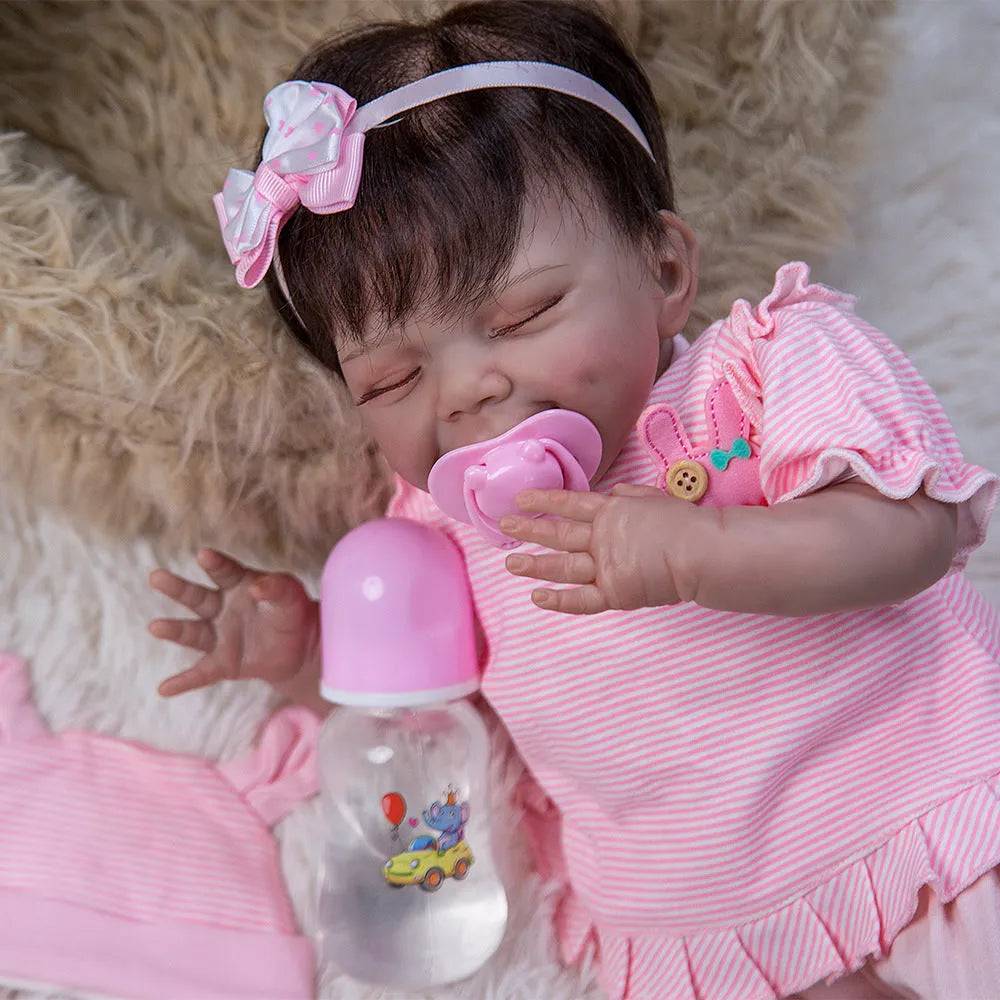 50cm soft silicone simulation baby doll with closed eyes, hand-implanted fibre-optic hair, and cotton body