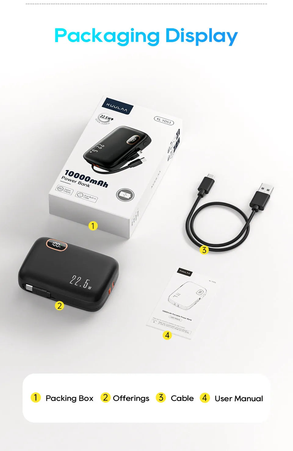 PD22.5W fast charging power bank with digital display, 10000mAh, black plastic shell, includes cable