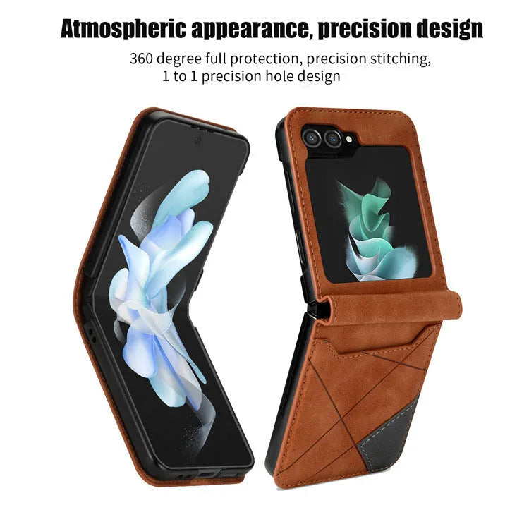 Samsung Z Flip folding phone case with retro patchwork pattern and card slots in various colour options.