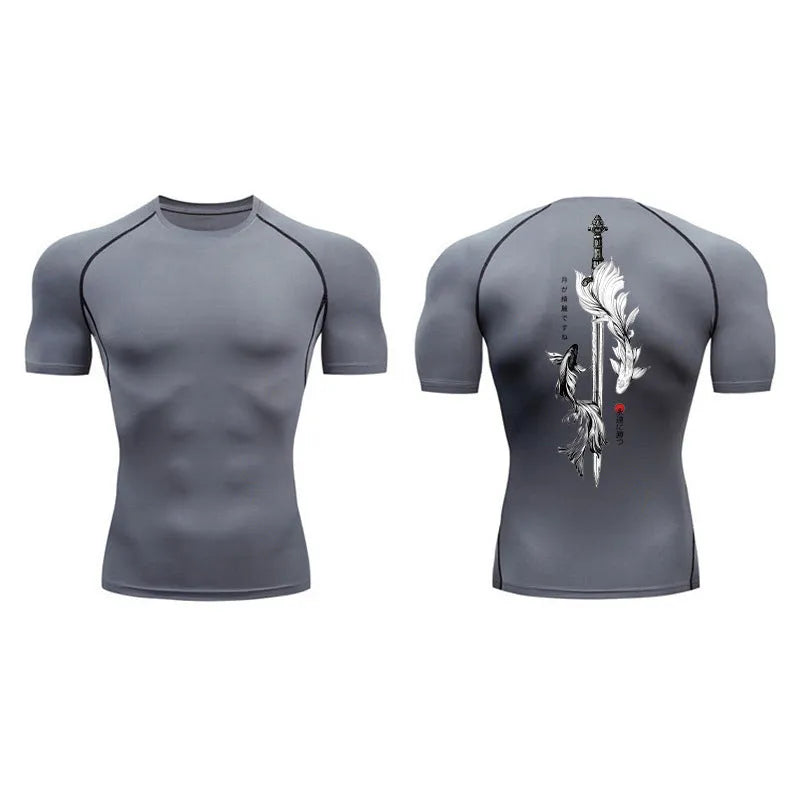 Men's loose fit short sleeve T-shirt featuring a sword pattern print on the front.