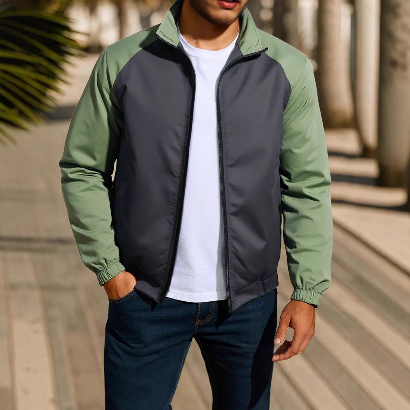 Men's casual coat jacket with stand collar and raglan sleeves in polyester blend fabric