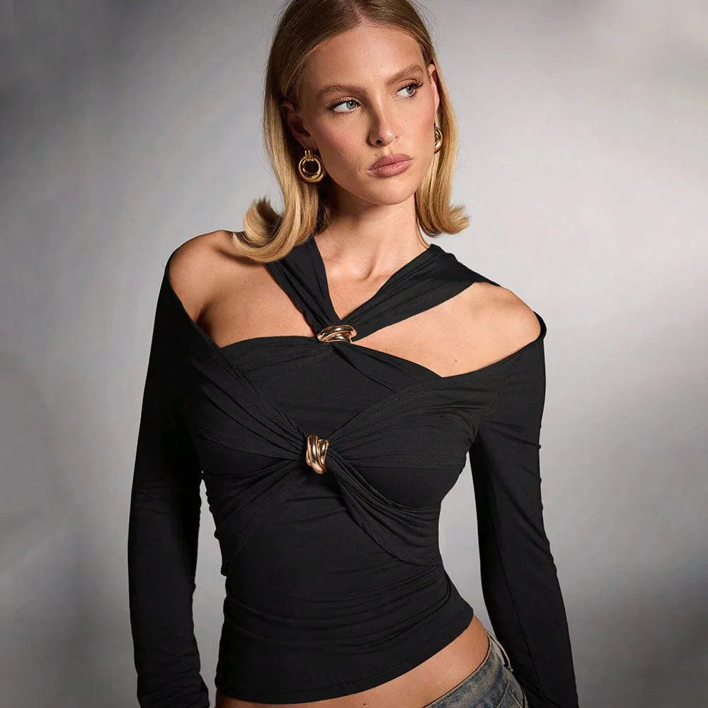 Black women's slim fit halter top with long sleeves, shown on a model.