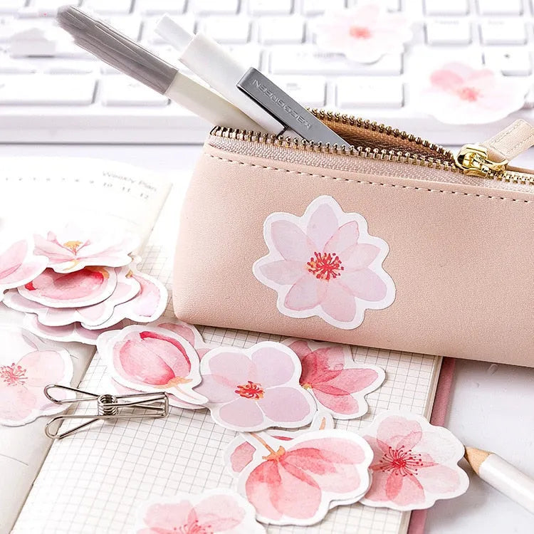 Sakura Story romantic sticker DIY material, 45 self-adhesive paper sheets in pink watercolor design