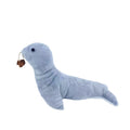 Blue sea lion shaped plush cat toy with bell, teeth grinding texture, catnip and gall fruit.