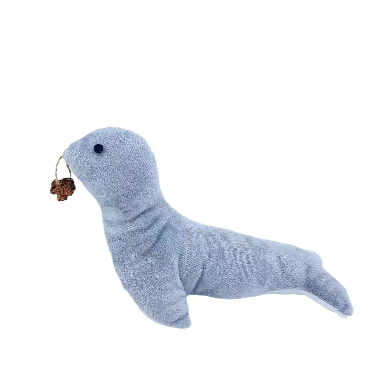 Blue sea lion shaped plush cat toy with bell, teeth grinding texture, catnip and gall fruit.