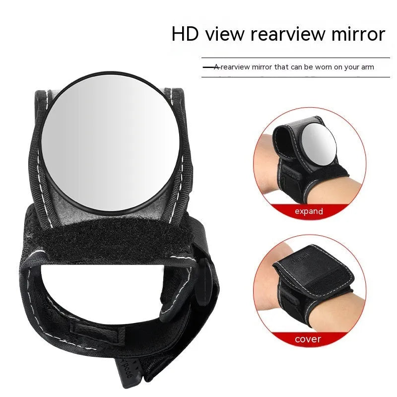 Black nylon bicycle wrist rear-view mirror for cycling safety and improved rearward visibility