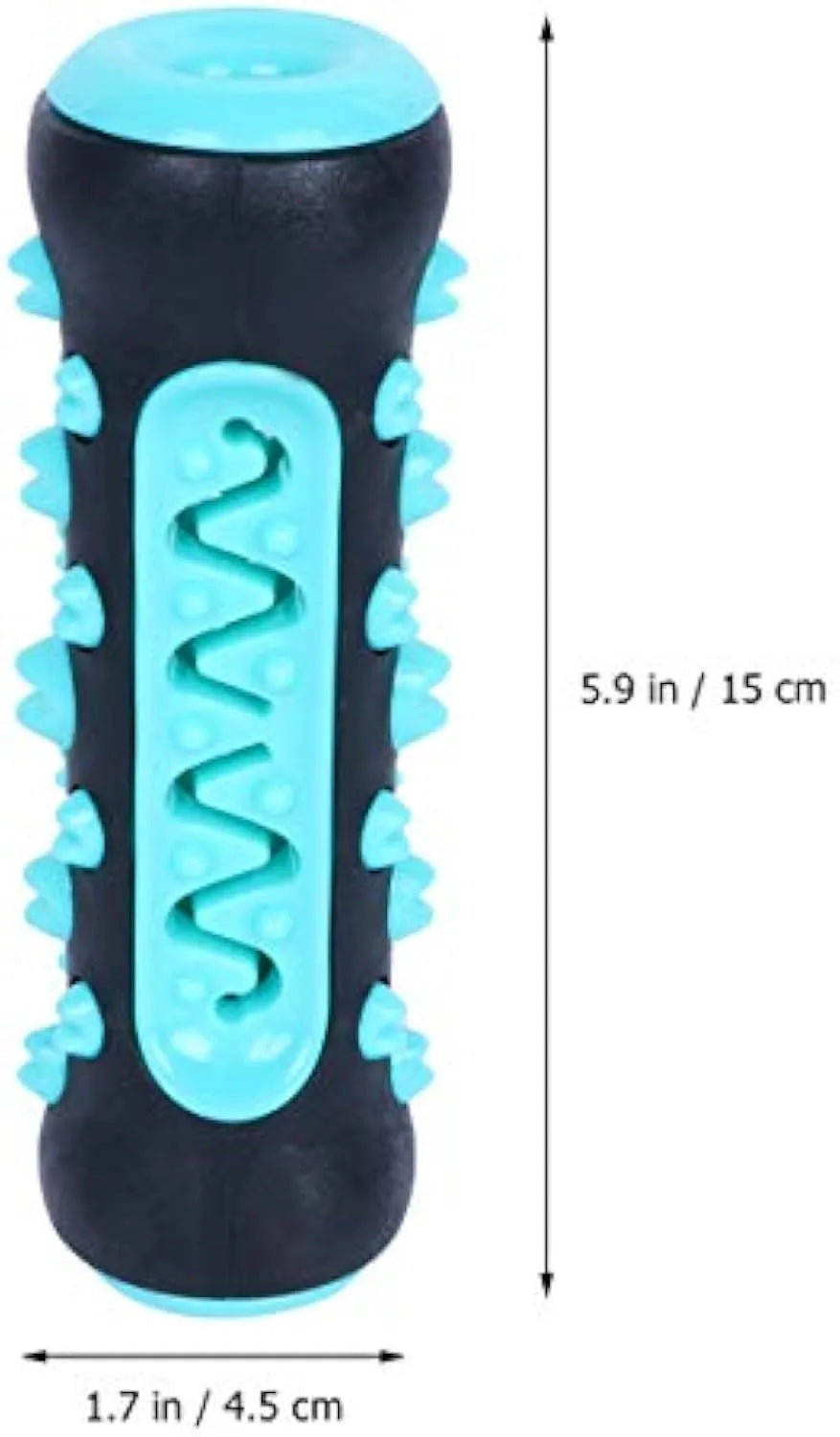 A natural rubber dog toothbrush chew toy in blue, measuring 15 cm long, for dental cleaning and play.