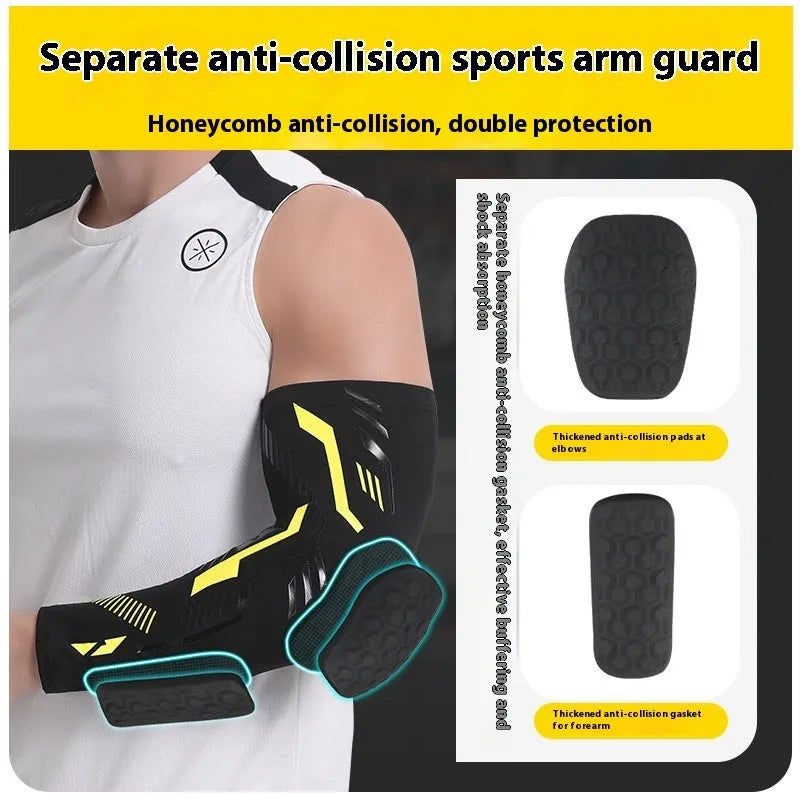 Breathable long training elbow pad for basketball, black and blue design with extended forearm coverage