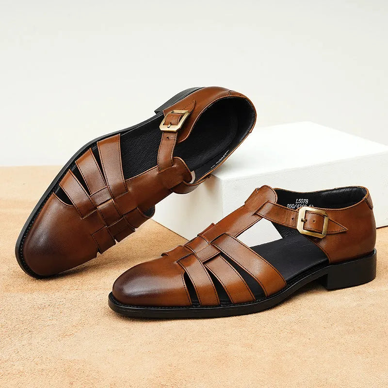 Men's leather sandals in black and brown with rubber sole, sizes 37-46