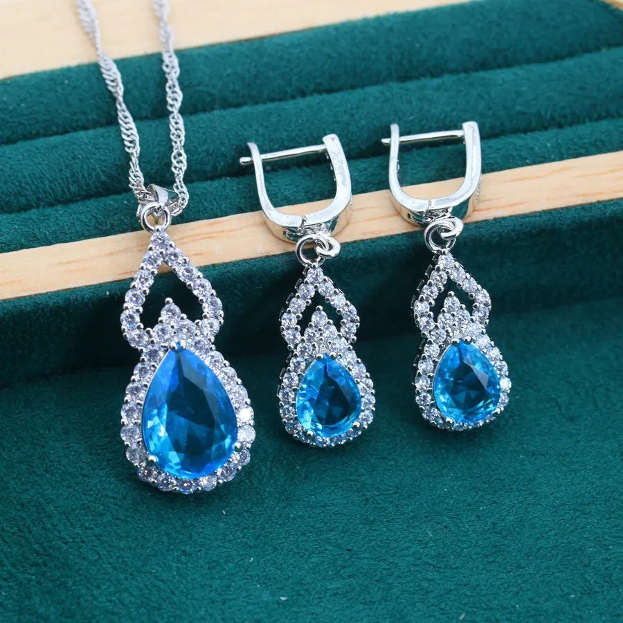 Copper inlaid zircon water drop jewellery set with earring ring necklace in electroplated finish