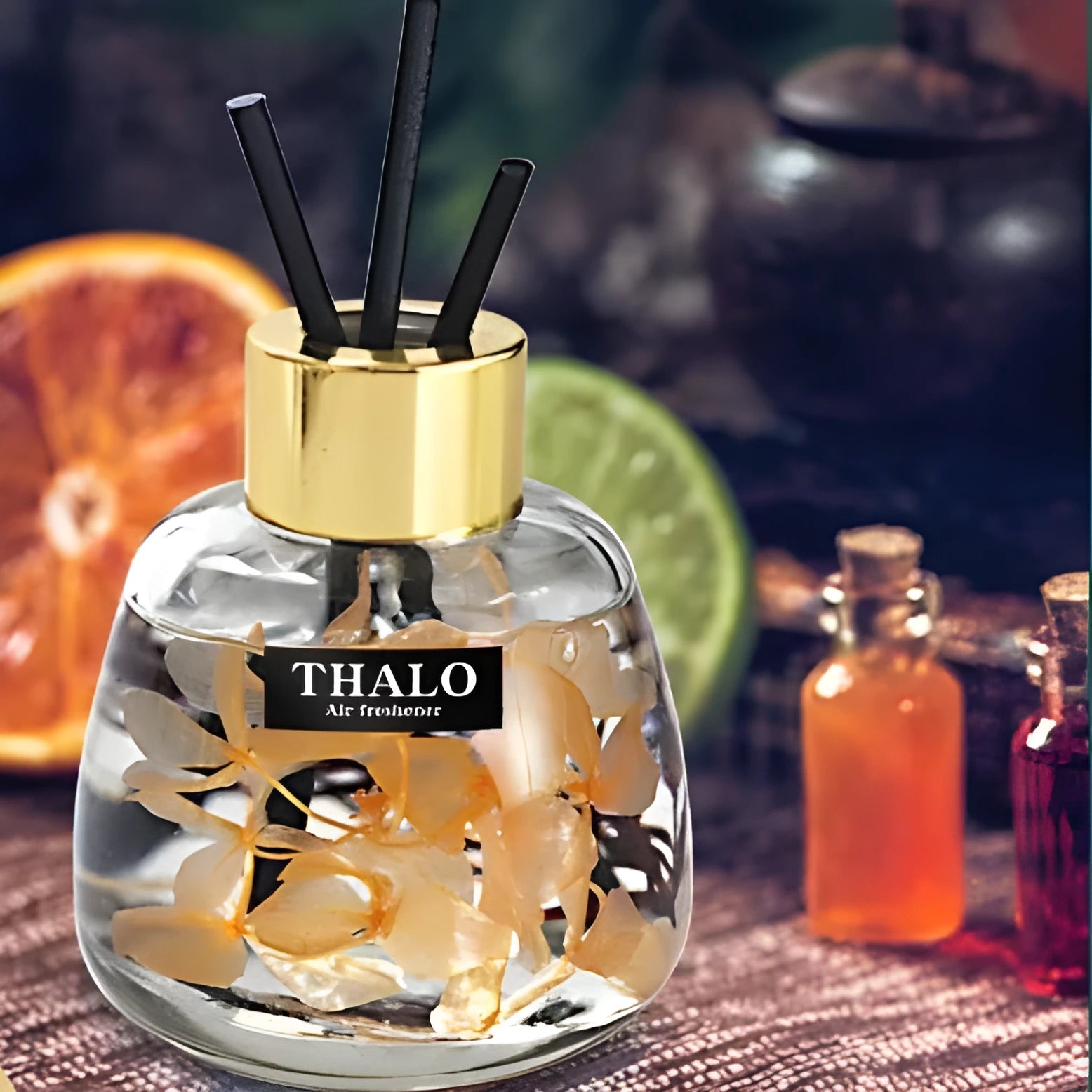 Glass bottle car perfume ornament with loose incense for automotive decoration.